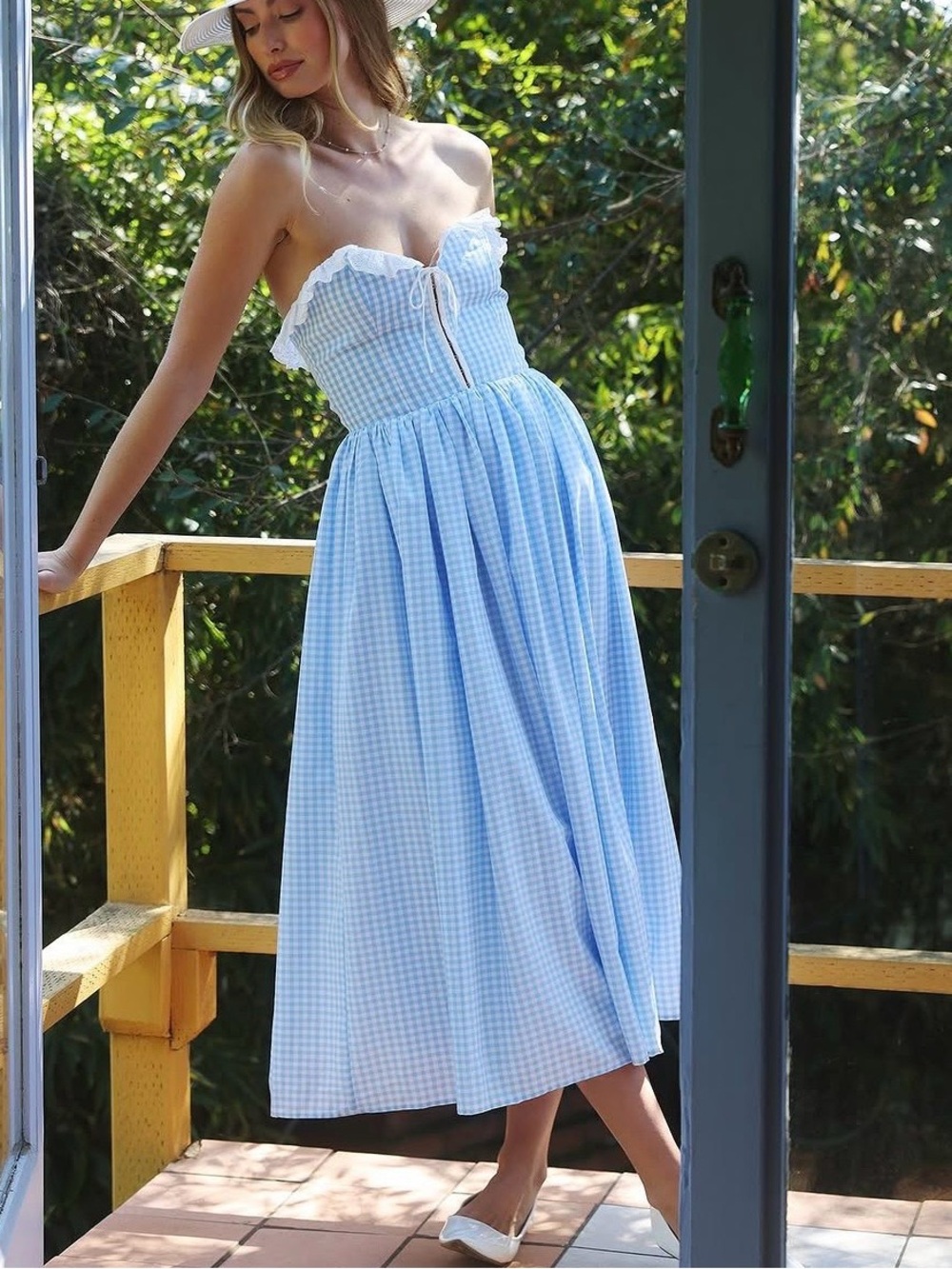 Blue white gingham midi dress Ocean breeze strapless eyelet ruffle lace corset